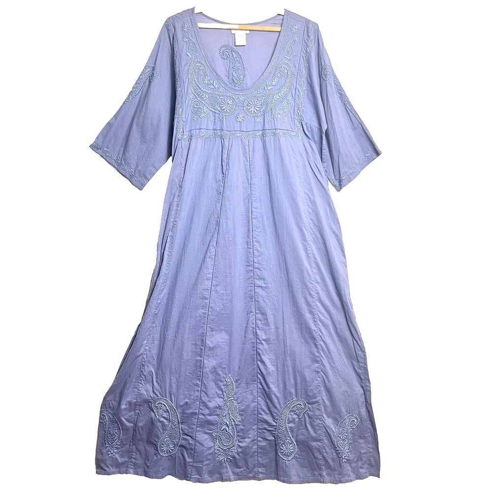 SOFT SURROUNDINGS‎ Cotton Embroidered Blue Lagenlook Maxi Dress Pockets Petite M